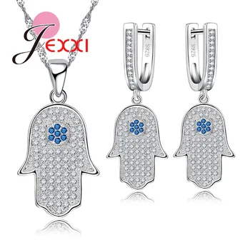 

925 Sterling Silver Crystal Luck Hamsa Hand Pendant Necklace with Drop Earrings Luck Fatima Hand Palm Necklace Jewelry