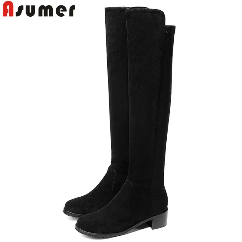 Goede ASUMER 2018 herfst winter knie hoge laarzen vrouwen med hakken laarzen koe lederen + stretch stof dames laarzen zwart grote maat 34 43