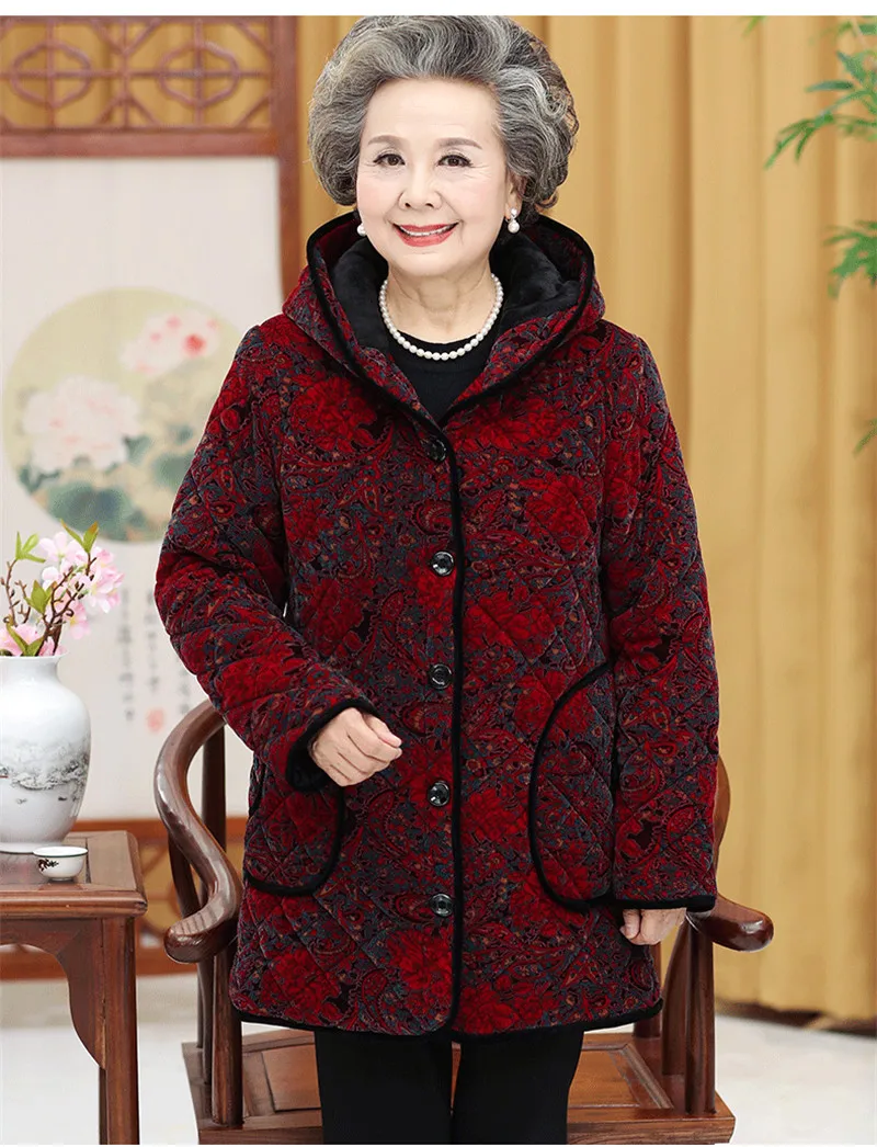 Хлопковые пальто размера плюс 5XL, зимняя утепленная верхняя одежда с капюшоном для пожилых женщин, куртка с хлопковой подкладкой, парки для мам W149