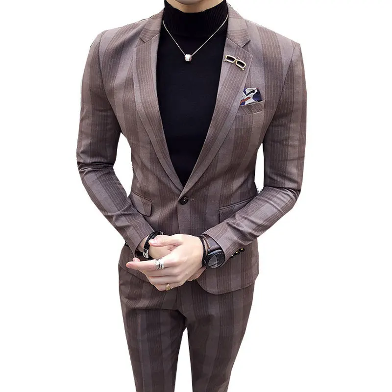 Mens Big Plaid Suit Ankle Length Costume Homme Mariage Cofee Blue Stripe Check Elegant Trajes De Hombre Novio Plaid Suit For Men