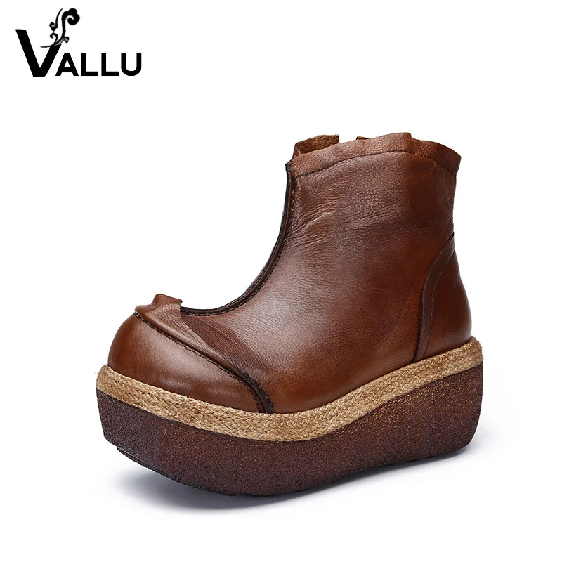 

2019 VALLU Original Design Natural Leather Women Boots Wedges Platform Round Toes Handmade Vintage Shoes Female Ankle Boots