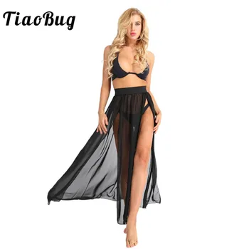 

TiaoBug Cozy Women Solid Color Sheer Chiffon See-through Flowy Split Long Maxi Skirt Wide Elastic Waistband Beach Swimsuit Skirt
