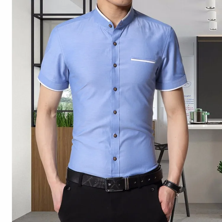 2018 Новый Для мужчин рубашки бренда воротник-стойка Slim Fit Для мужчин s Chemise Homme Повседневное Лето Бизнес рубашка в горошек короткий рукав