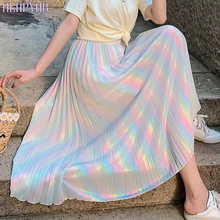 HLHPYHB сверкающая Радужная плиссированная юбка, эластичная Расклешенная юбка с высокой талией, Женская Праздничная юбка трапециевидной формы до середины икры с градиентом