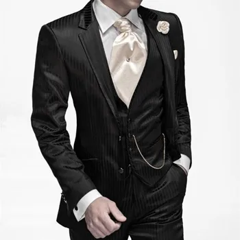 

Fashionable Two Button men suit Black Stripe Groom Tuxedos Groomsmen Mens Wedding Suits Prom Bridegroom (Jacket+Pants+Vest)