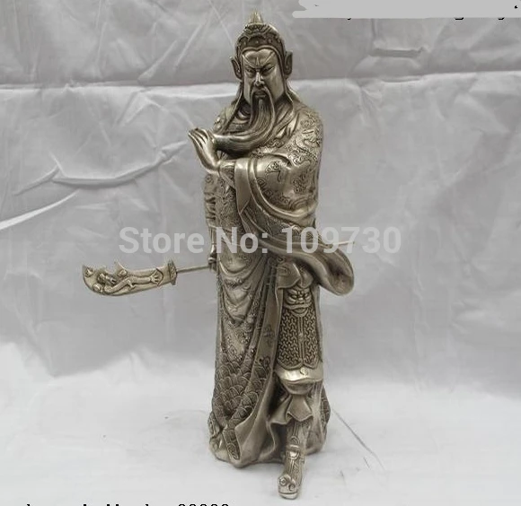 

002084 Chinese White Bronze Silver Dragon Guan Gong wealth God Warrior Buddha Statue