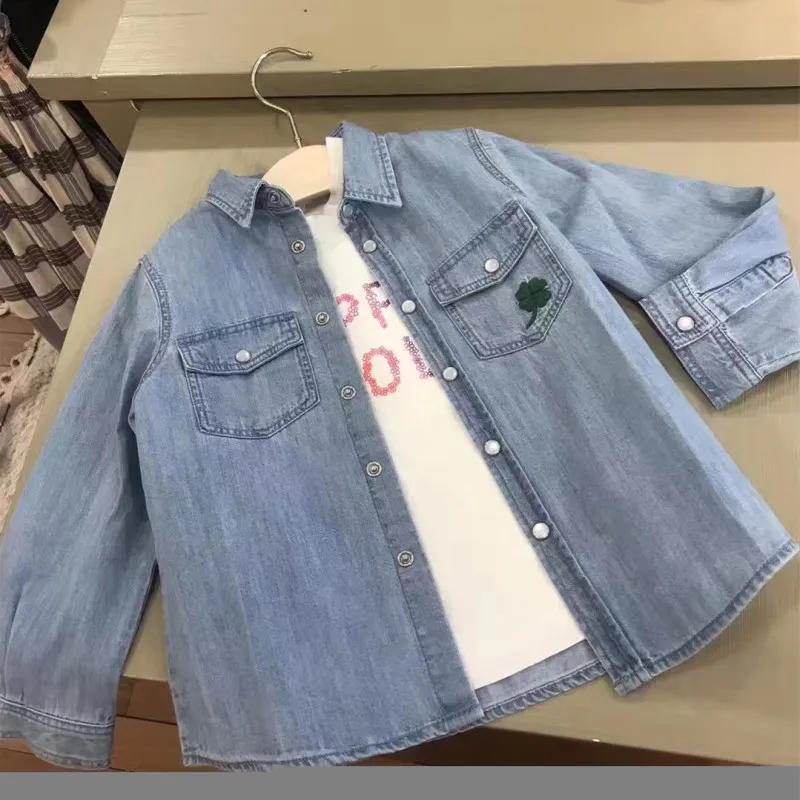 

2019 Cherry Brand Kids Blue Blouses For Girl Clothes Denim Cotton Girl Shirts Full Sleeve Children Students Clothing