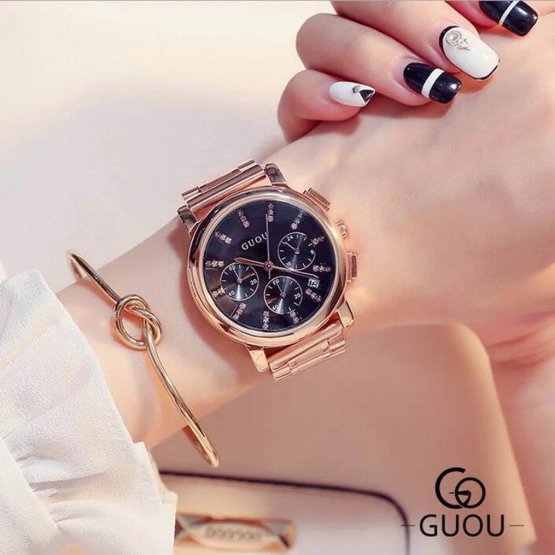 

GUOU Rose Gold Watch Luxury Crystal Auto Date Ladies Watch Women Watches Women's Watches Clock saat montre femme bayan kol saati