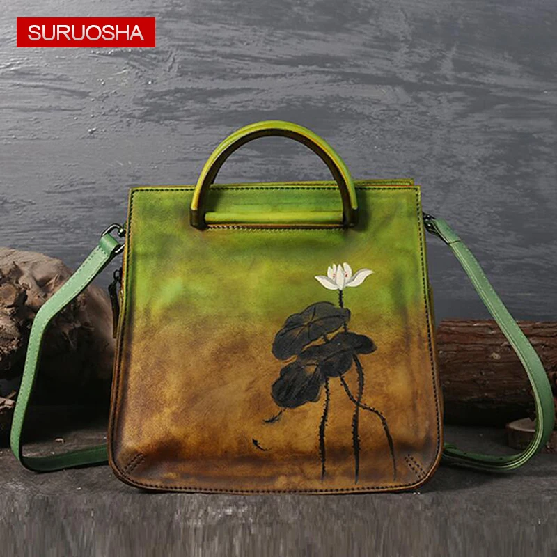 

Guangzhou Factory Original Brand Design Tote Bags Vintage Leather Handbags Handmade Woman Bags with Painting Flower Metal Handle