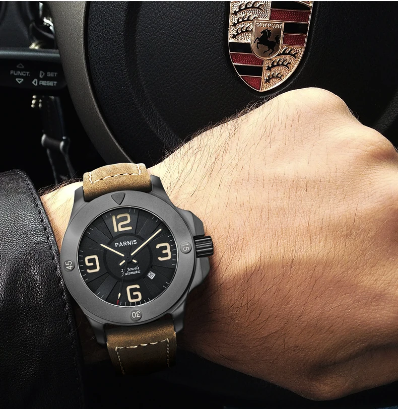 Parnis 47 мм военные механические часы мужские часы лучший бренд класса люкс автоматические часы сапфировое стекло Натуральная кожа Ремешок