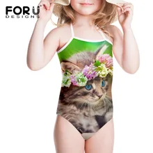 Зеленый купальник с цветочным принтом для девочек 3-8 лет, купальник с цветочным принтом и котами, Kawaii, цельная пляжная одежда купальный костюм для детей