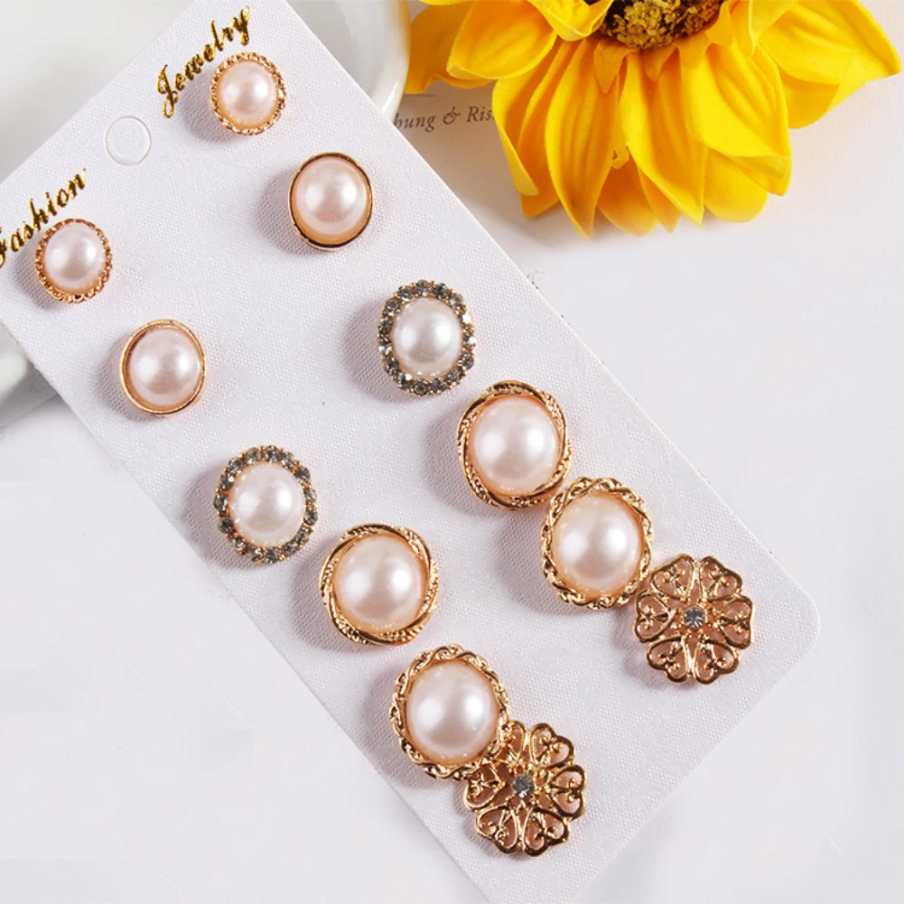 6Pairs/Set Faux Pearl Rhinestone Stud Earrings Women Trendy Party