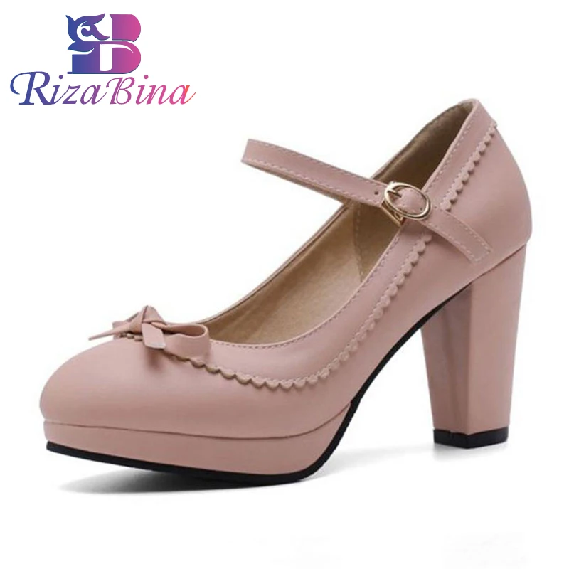 

RIZABINA Size 32-48 6 Colors Women Pumps Bowknot Buckle High Heel Shoes Women Party Wedding Fashion Platform Footwear