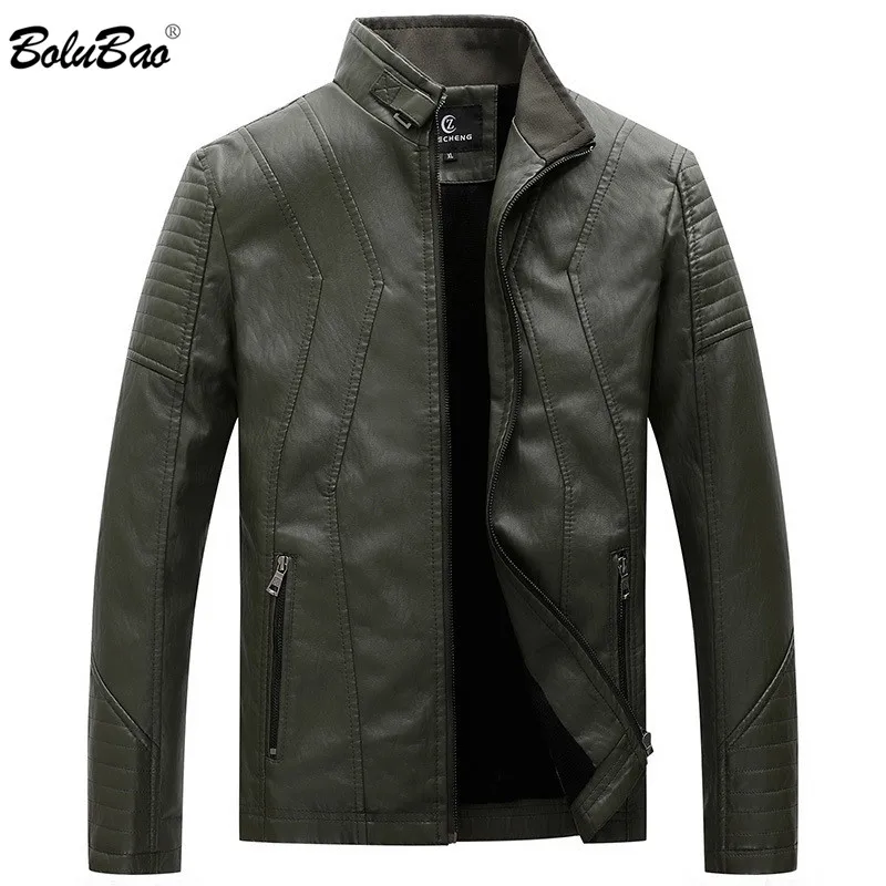 

BOLUBAO Men's Leather Jacket Long Sleeved Business Casual Style PU Coats Men Warm Thick Motorcycle Leather Jacket Outerwear