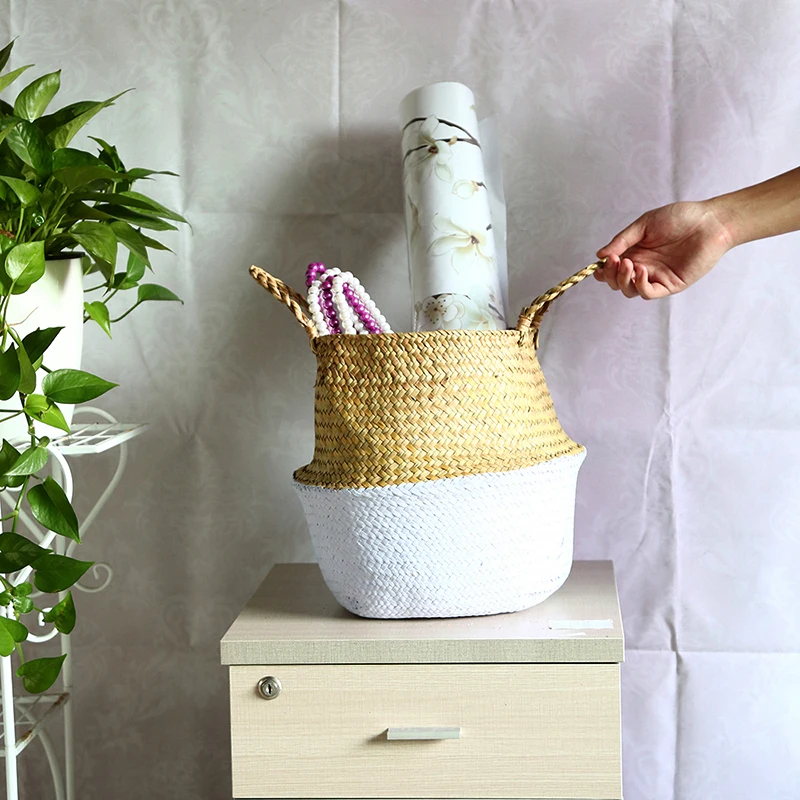 WHISM Seagrass Wickerwork Flower Basket Decorative Flower Pot Planter Hanging Flowerpots Woven Laundry Storage Basket Home Decor