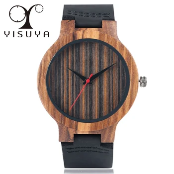 

Fashion Nature Wood Watch Mens Black Genuine Leather Band Strap Quartz Wristwatches Male Simple Bamboo Handmade Case Round Dial