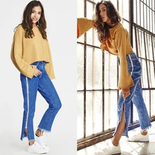 Джинсовые длинные джинсы с высокой талией, женские расклешенные брюки, уникальная двойная боковая молния, Раздельный колокольчик, Подростковая девушка, шикарная уличная одежда большого размера