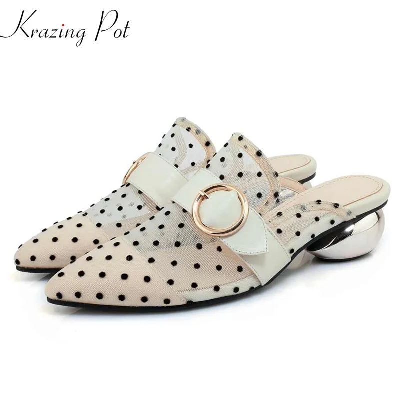 

krazing Pot new arrival pointed toe air mesh women pumps strange style med heels dot pattern nightclub sexy slingback mules L40