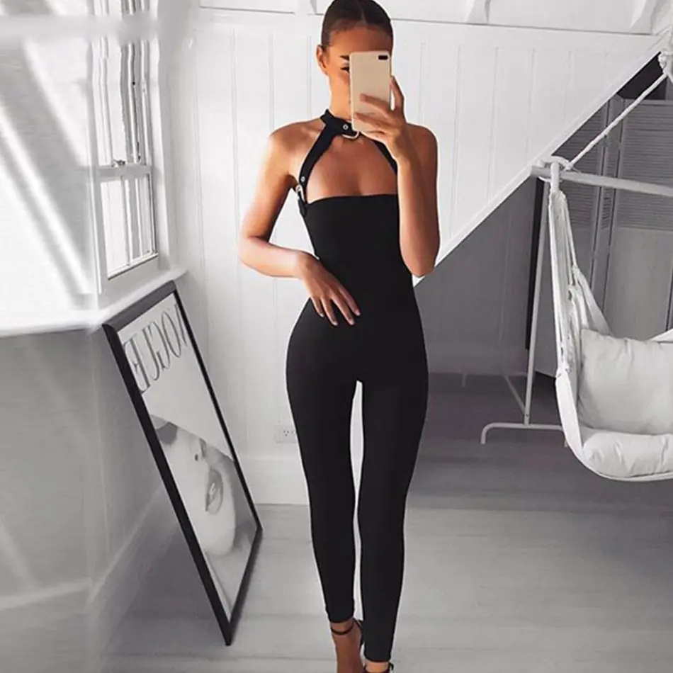Newest Celebrity Party Bodycon Bandage Jumpsuit Women Black Sleeveless