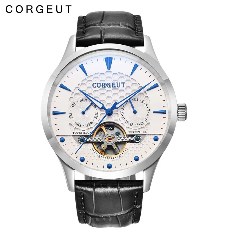 

Corgeut Skeleton Mechanical Automatic Watch Men Sport Top Luxury Brand Moon Phase Rose Gold Leather Hombre Watches