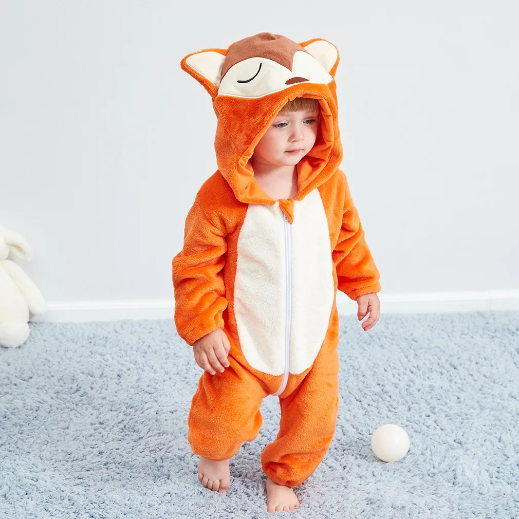 Фланелевые детские комбинезоны с кроликом; хлопковые комбинезоны с животными для маленьких мальчиков и девочек; зимние пижамы; комплекты для малышей; Одежда для новорожденных кигуруми - Цвет: Fox