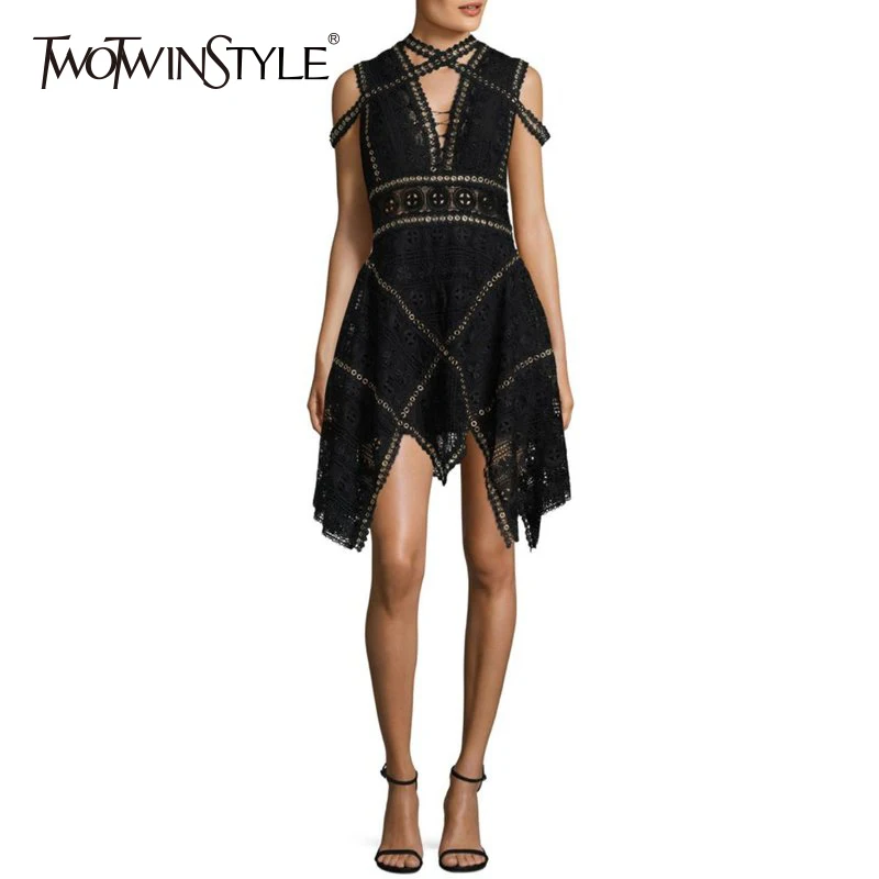 TWOTWINSTYLE Hollow Out Dress Women Summer V Neck Sleeveless Backless Tunic High Waist Asymmetrical Party Dresses Female