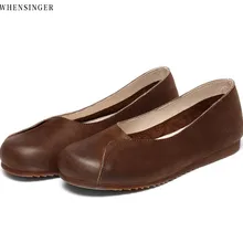 Whensinger/ г. обувь на плоской подошве из натуральной кожи женские кожаные лоферы ручной работы Весенняя повседневная женская обувь на плоской подошве из воловьей кожи