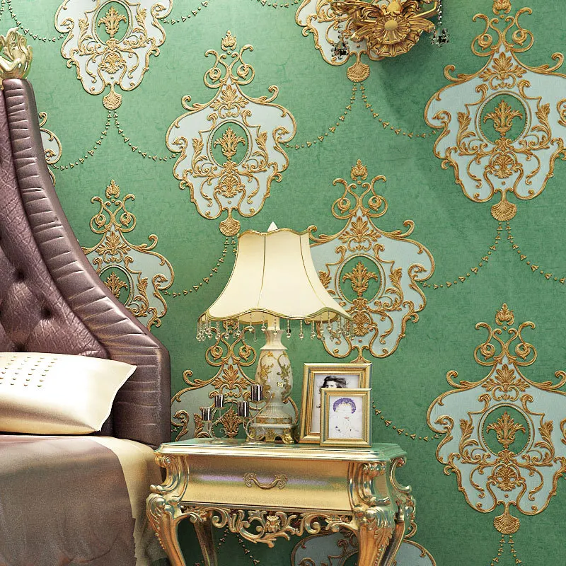 

European retro stereo 3D embossed luxury non-woven wallpaper wallpaper green wallpaper bedroom living room home decoration