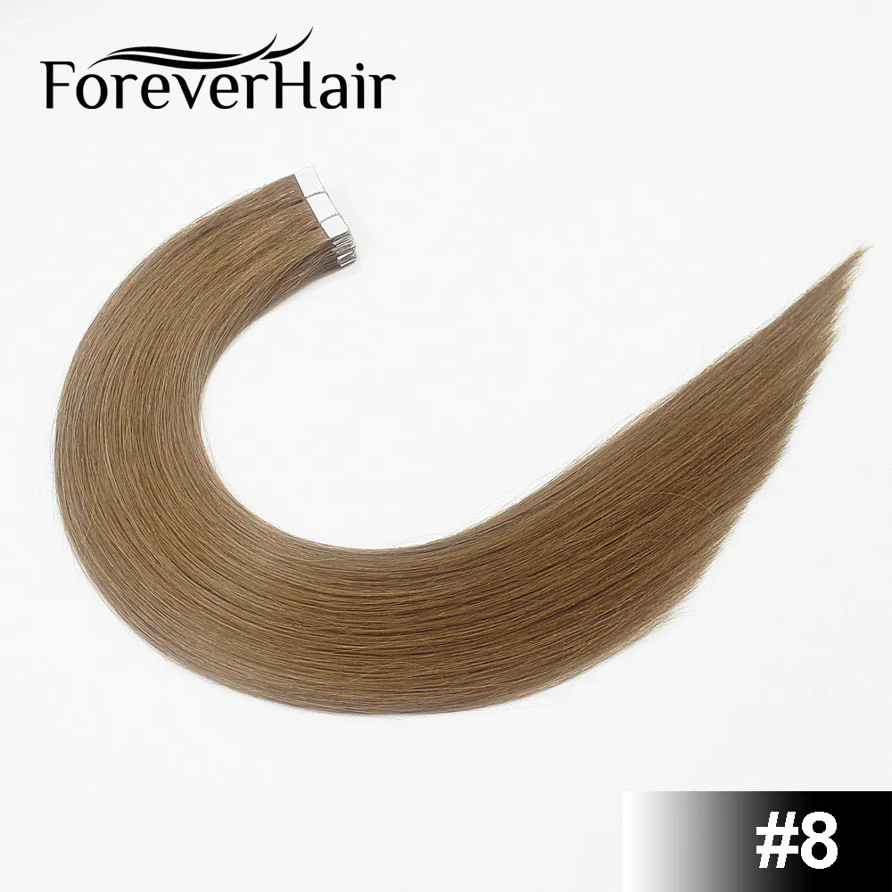 FOREVER HAIR Tape In человеческие волосы для наращивания 14, 16, 18, 20 искусственные волосы одинаковой направленности волос на Клейкой Ленте ПУ кожи Weft невидимые 20 шт - Цвет: #8