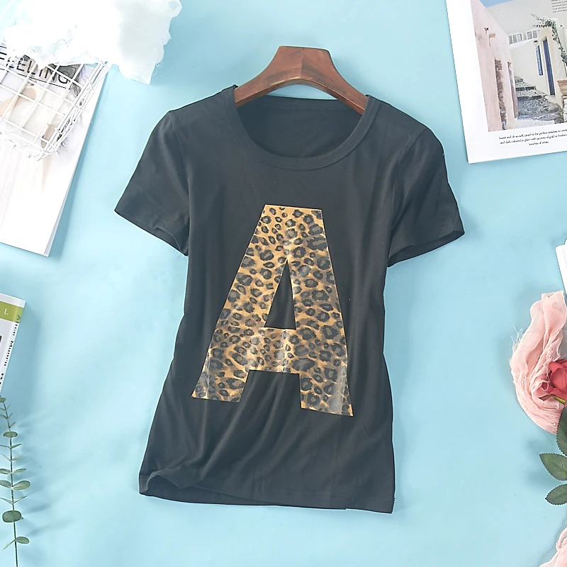 

2019 Leopard letter print slim harajukuer zaraing vadiming sheining women t-shirt elastic vintage streetwear tops