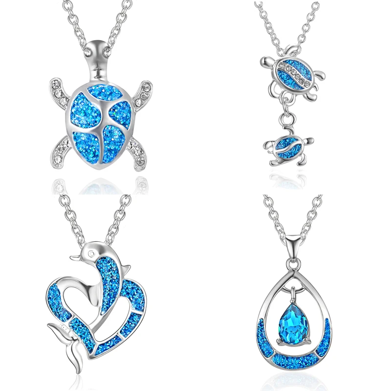 

Fashion Silver Filled Blue Stone Sea Turtle Pendant Necklace for Women Female Cat Animal Wedding Ocean Beach Jewelry Gift