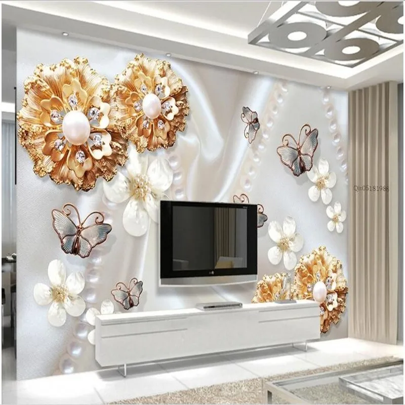 

wellyu Custom large fresco gold jewelry flowers butterfly 3d TV backdrop nonwovens environmental wallpaper papel de parede