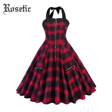 Vestido corto Sexy Vintage rojo a cuadros de verano Rockabilly con cordones Halter con cremallera vestido de fiesta de calle para mujer Mini vestidos Retro