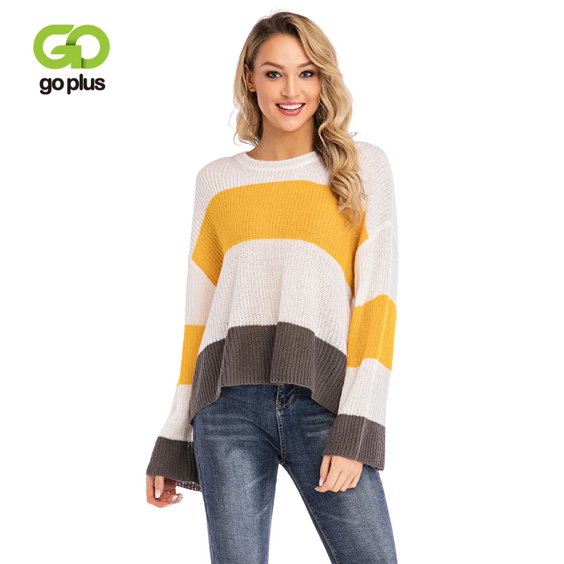 

GOPLUS Fashion Striped Contrast Knitted Long Sweater Women Long Sleeve Loose Pullovers 2019 Casual Befree Street Sweater Female