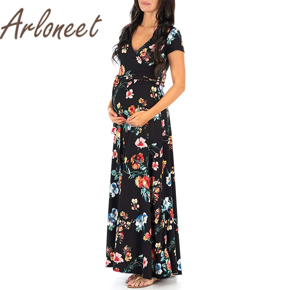 

ARLONEET Clothes women maternity dress Floral print Bownot dress Loose elegant dress Summer ladies pregnanct clothes Vestidos