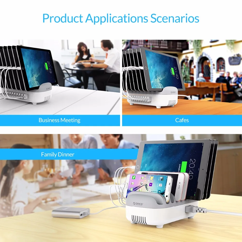  ORICO 10 Ports USB Charger Station Dock with Holder 120W 5V2.4A*10 USB Charging for Smart Phone Tab