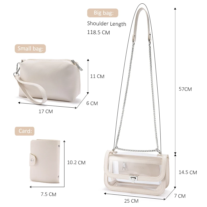 Женская прозрачная сумка из PVC LOVEVOOK, набор сумок 3 шут. сумка на плечо с регулируемым цепным наплечным ремнем, маленький клатч из искусственной кожи, практическая визитница