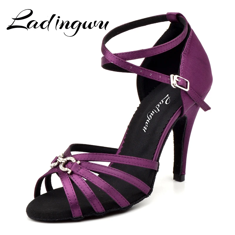 Ladingwu Women's Latin Ballroom Dance Shoes For Girls Purple  Satin and Metal Button Dance Sandals For Dance Shoes Heel 6-10cm