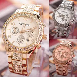 Женева Для женщин Мода Повседневная золото Для женщин часы браслет люксовый бренд из нержавеющей стали Кристалл Кварцевые часы A40