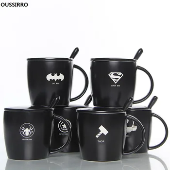 

OUSSIRRO Fashion Super Hero Ceranic Mugs Cup Creative With Spoon and Cover Milk Mug Portable Tumbler Drink Iron man and batman