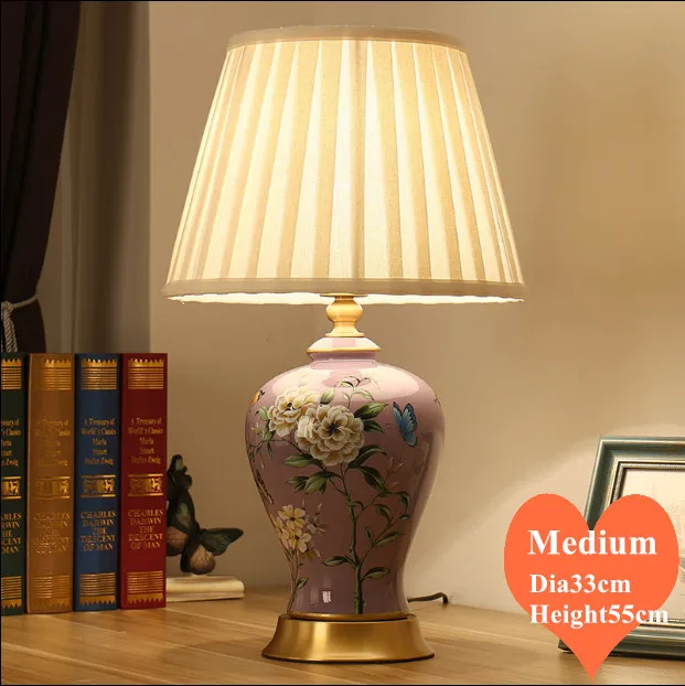 

Chinese style elegant purple ceramic medium Table Lamp Fashion fabric lampshade copper base E27 LED lamp for bedside&foyer MF064