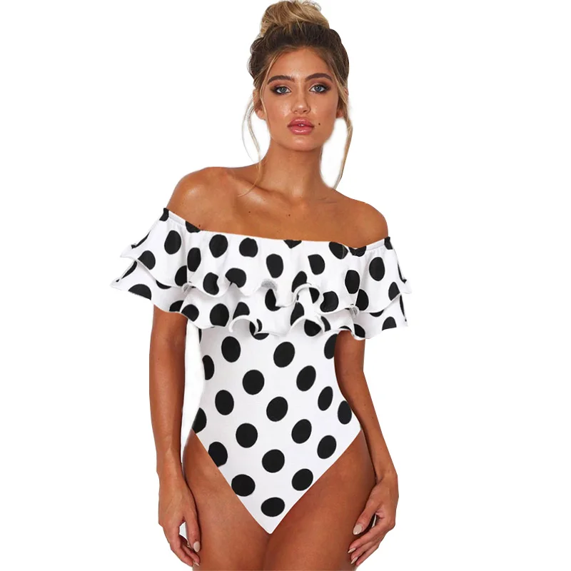 

Polka Dot One Piece Swimsuit Women Ruffle Swimwear Double Flounce Bodysuit Vintage Bathing Suit