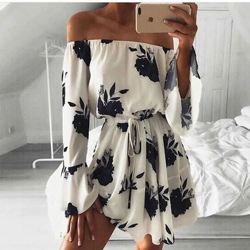 

Ccibuy Feminine Robe Femme Short Dresses Floral Boho Dress Loose Printing Sexy Flare Sleeve Off The Shoulder Lace Up Mini Dress