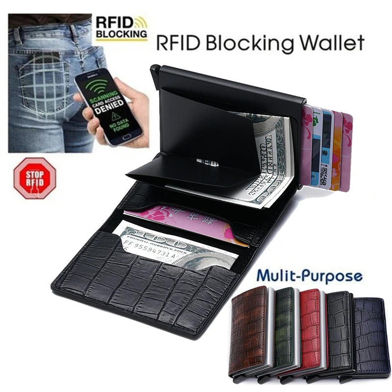 

2019 Newest Male Card Holder RFID Aluminium Alloy Credit Card Holder Metal Leather Wallet Antitheft Men Automatic Card Case