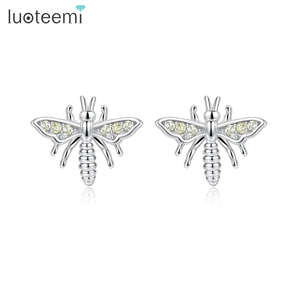 

LUOTEEMI Cute Bee 925 Sterling Silver Small Stud Earring for Women Girls with Shining CZ Animal Fine Jewelry Accessories Gift