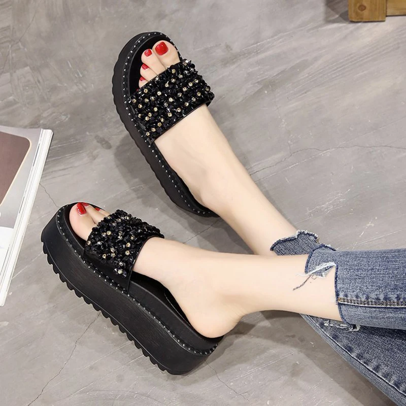 

trendy rhinestone open toe slides summer women shoes creeper platform slippers lazy slip-on wedges anti-skid muffins flip flops