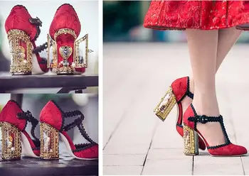 

Luxury gold open door diamond art high heel woman T strap shoes metal stitch diamond heel woman shoes real photo red back color