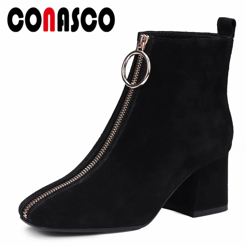 

CONASCO Brand Women Cow Suede Ankle Boots New Autumn Winter Warm High Boots Female Square Toe Office Pumps Martin Shoes Woman