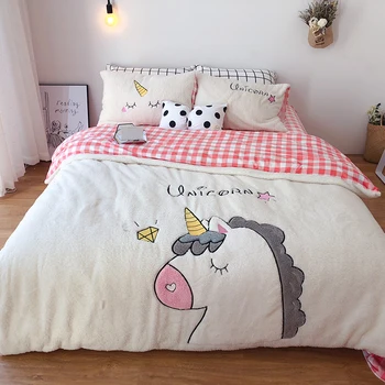 

White Pink Cartoon Unicorn Lamb fluff Warm Winter Fleece Bedding Set Duvet Cover Bed Linen Bed sheet Pillowcase Children Gift