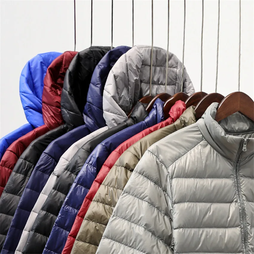 Большие размеры Мужские 90% белые пуховые пальто ультра легкое пальто зимняя куртка с длинными рукавами Осенняя тонкая мужская короткая куртка с капюшоном верхняя одежда W555